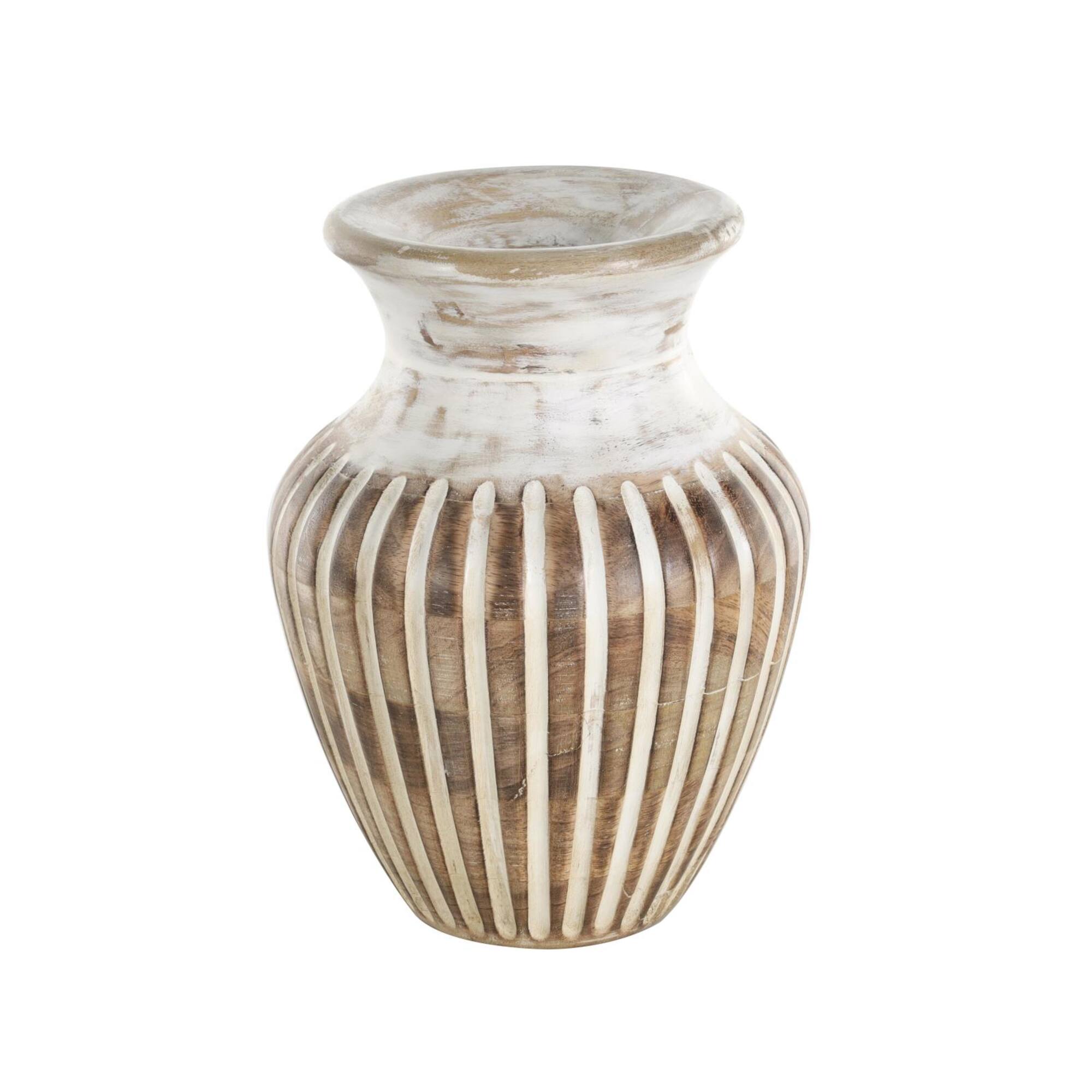 11" Brown Mango Wood Vase with Carved Grooves